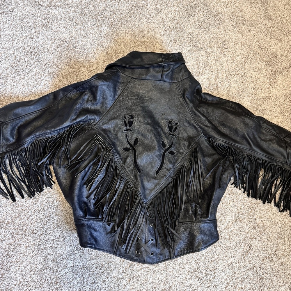 VTG Steer Brand Leather Biker Jacket Women S* Fringe Black Stevie Nicks Corset